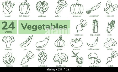 Set of vegetables icons. Simple and thin line design. Outline icons collection. Stock Vector