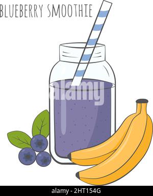 Blueberry smoothie in jar with ingredients. Vector illustration. Stock Vector