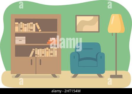 Room interior with armchair, bookcase and floor lamp. Cozy reading nook. Stock Vector