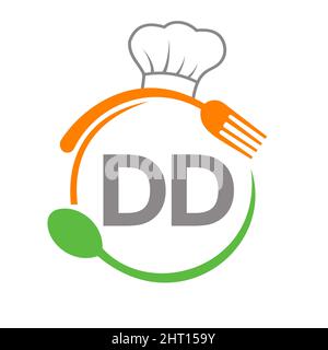 Letter DD Restaurant Logo with Chef Hat Spoon And Fork Template. Restaurant Logo On Letter DD Barbecue, Cafe Logo Vector Stock Vector