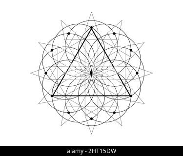 Sacred Geometry magic triangle symbol, third Eye sign. Geometric mystic mandala of alchemy esoteric Flower of Life. Black line art vector circle Stock Vector