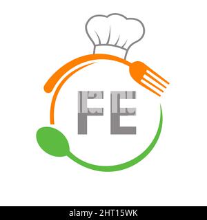 Letter FE Restaurant Logo with Chef Hat Spoon And Fork Template. Restaurant Logo On Letter FE Barbecue, Cafe Logo Vector Stock Vector