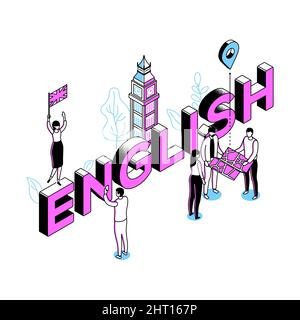 English language - modern line isometry design style illustration. Detailed picture with Big Ben, cute characters with a map, flag of the UK. World bo Stock Vector