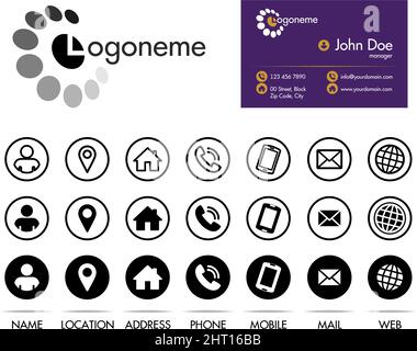 Contact information icons set for business card or social media. Vector template on transparent background Stock Vector