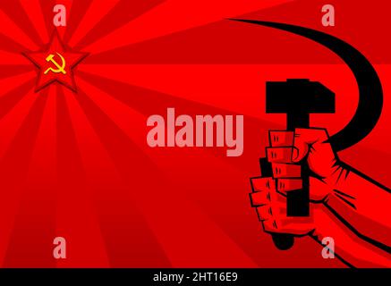 Red propaganda poster retro style. Sickle and hammer in hands, soviet star. Vector Stock Vector