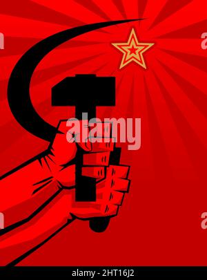 Red propaganda poster retro style. Sickle and hammer in hands, soviet star. Vector Stock Vector