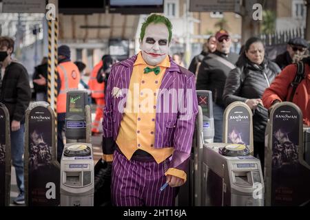 London, UK. 26th Feb, 2022. Dedicated cos-players arrive for day one of London Comic Con spring convention at Olympia London venue. Credit: Guy Corbishley/Alamy Live News Stock Photo