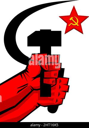 Red propaganda poster retro style. Sickle and hammer in hands, soviet star. Vector Stock Vector