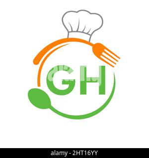 Letter GH Restaurant Logo with Chef Hat Spoon And Fork Template. Restaurant Logo On Letter GH Barbecue, Cafe Logo Vector Stock Vector