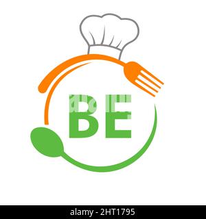 Letter BE Restaurant Logo with Chef Hat Spoon And Fork Template. Restaurant Logo On Letter BE Barbecue, Cafe Logo Vector Stock Vector