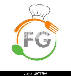 Letter FG Restaurant Logo with Chef Hat Spoon And Fork Template. Restaurant Logo On Letter FG Barbecue, Cafe Logo Vector Stock Vector