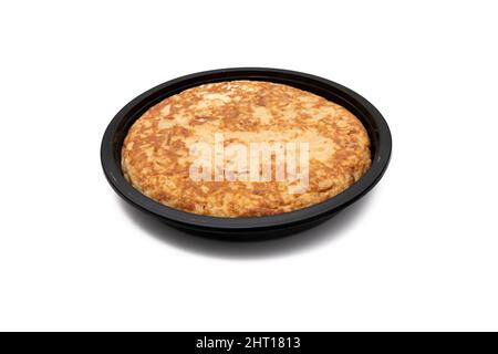Potato omelette in a plastic container. Isolated on white background. Prepared food concept. Stock Photo