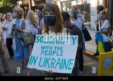 Ciudad De Buenos Aires, Argentina. 25th Feb, 2022. Protester at the Embassy of the Russian Federation at the demonstration calling for solidarity with the people in Ukraine. (Photo by Esteban Osorio/Pacific Press) Credit: Pacific Press Media Production Corp./Alamy Live News Stock Photo
