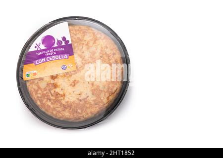 Potato omelette in a plastic container. Isolated on white background. Prepared food concept. Stock Photo