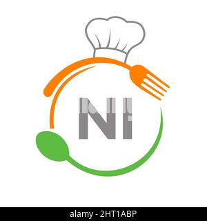 Letter NI Restaurant Logo with Chef Hat Spoon And Fork Template. Restaurant Logo On Letter NI Barbecue, Cafe Logo Vector Stock Vector