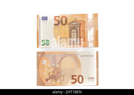 50 euro bills, front and back views. Isolated on white background. Stock Photo