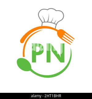 Letter PN Restaurant Logo with Chef Hat Spoon And Fork Template. Restaurant Logo On Letter PN Barbecue, Cafe Logo Vector Stock Vector