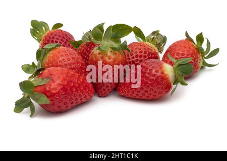A bunch of whole strawberries with their green leaves isolated on white background. Stock Photo