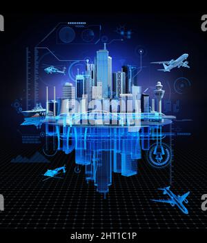 3D skyscraper building, smart city simulation HUD digital Screen display smart financial business city analyze dashboard background. Smart technology Stock Photo