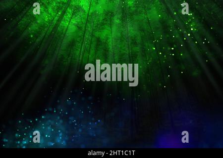 Dark mystery forest with green and blue light Stock Photo