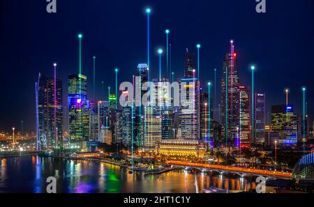 Smart Singapore city dot point connect with gradient grid line, connection technology metaverse concept. Night city banner with big data. Stock Photo