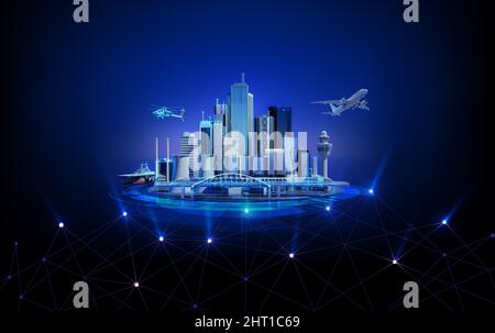 Bright digital tablet and city wireframe in bright blue and white colors particles, Sphere particle line rise up. Digital technology and communication Stock Photo