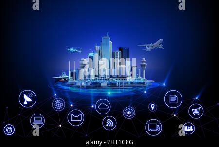 The modern creative communication and internet network connect in smart city . Concept of 5G wireless digital connection and internet of things future Stock Photo