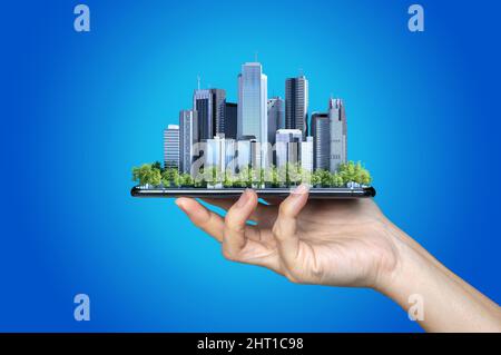 Find a new home inside your smart phone, Real estate property Stock Photo