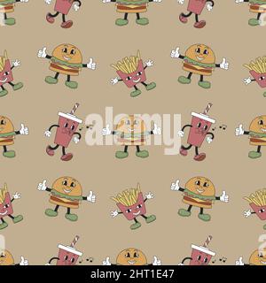 Seamless pattern with French fries, burgers and soda. Retro mascot characters. Float vector illustration for t-shirt prints, posters and other uses. Stock Vector