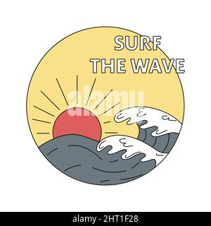 A hand-drawn badge with the sun, waves and the inscription. Surfing concept. For t-shirt prints, posters and other uses. Stock Vector