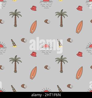 Hand drawn vector seamless pattern. Surfboards, hats, palm trees and coconuts. Stock Vector