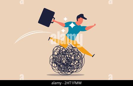 Business jump difficulty and crisis problem. Man overcome trouble and barriers breakthrough vector illustration concept. Obstacles defeat career and f Stock Vector