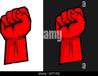 Raised hand with clenched fist. Red protest symbol. Flat design, vector on transparent and black background Stock Vector