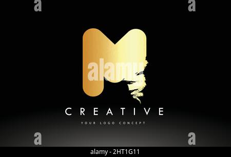 Golden M Brushed Letter Logo. Brush Letters design with Artistic Brush stroke design. Stock Vector
