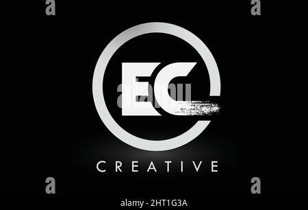 White EC Brush Letter Logo Design with Black Circle. Creative Brushed Letters Icon Logo. Stock Vector