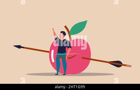 Apple target work business with archer. Targeting bullseye and direction opportunity winner vector illustration concept. Achievement ambition and stra Stock Vector