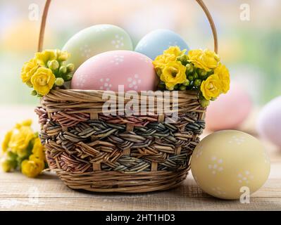 Closeup of colored easter eggs and yellow flowers in a basket and on a wooden table with colorful spring background Stock Photo