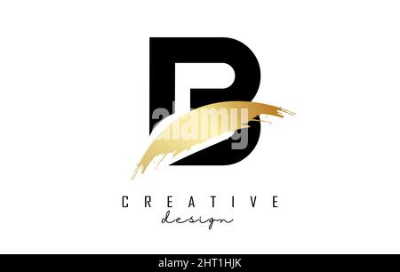 Letter B logo with golden brush stroke and creative cut. Creative Vector Illustration with letter. Stock Vector