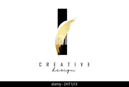 Letter I logo with golden brush stroke and creative cut. Creative Vector Illustration with letter. Stock Vector