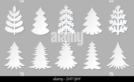 Paper cut christmas tree origami sticker flat set. Abstract collection tree 3d model template. Blank banner label badge simple variety shape. Holiday decoration handmade crafts winter object isolated Stock Vector