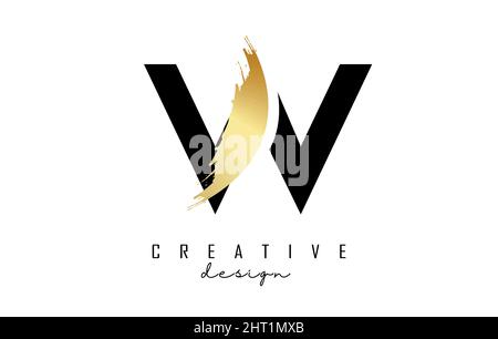 Letter W logo with golden brush stroke and creative cut. Creative Vector Illustration with letter. Stock Vector