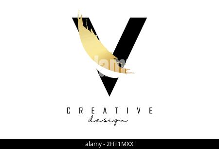 Letter V logo with golden brush stroke and creative cut. Creative Vector Illustration with letter. Stock Vector