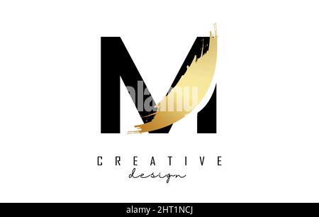 Letter M logo with golden brush stroke and creative cut. Creative Vector Illustration with letter. Stock Vector
