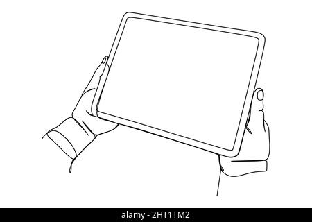 Continuous line hands with tablet computer gadgets. One line businessman hands using phones laptop and tablet. Vector hand drawn Stock Vector