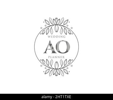 AO Initials letter Wedding monogram logos collection, hand drawn modern minimalistic and floral templates for Invitation cards, Save the Date, elegant Stock Vector