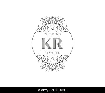 KR Initials letter Wedding monogram logos collection, hand drawn modern minimalistic and floral templates for Invitation cards, Save the Date, elegant Stock Vector