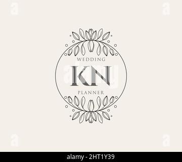 KN Initials letter Wedding monogram logos collection, hand drawn modern minimalistic and floral templates for Invitation cards, Save the Date, elegant Stock Vector
