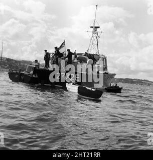 The search for the missing pleasure boat Darlwyne which sunk on the 31st July 1966. The tragic sinking of the Darlwyne led to the loss of 31 lives and the wreck of the boat was never found. The bodies of only 12 of the 31 people on board were ever recovered. Pictured, the RAF Rescue launch which found the dinghy of the missing Darlwyne. 1st August 1966. Stock Photo