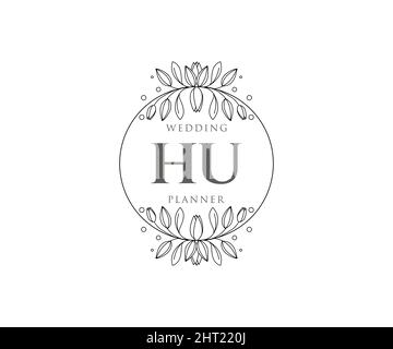 HU Initials letter Wedding monogram logos collection, hand drawn modern minimalistic and floral templates for Invitation cards, Save the Date, elegant Stock Vector