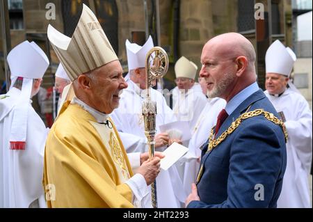 The Most Reverend William Nolan, with the Lord Provost of Glasgow, Philip Braat, after he was installed as the new Roman Catholic Archbishop of Glasgow during his enthronement ceremony at St Andrew's Cathedral, Glasgow. Picture date: Saturday February 26, 2022. Stock Photo